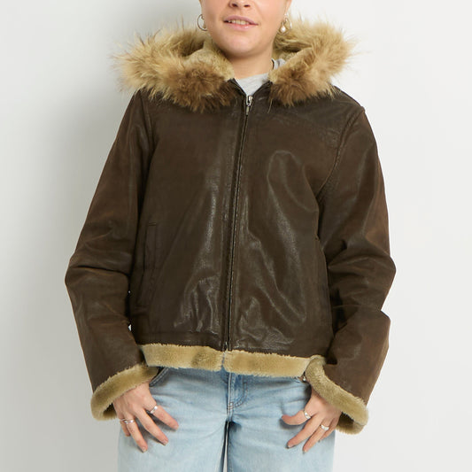 Fur Hood Suede Zip Jacket - UK 10