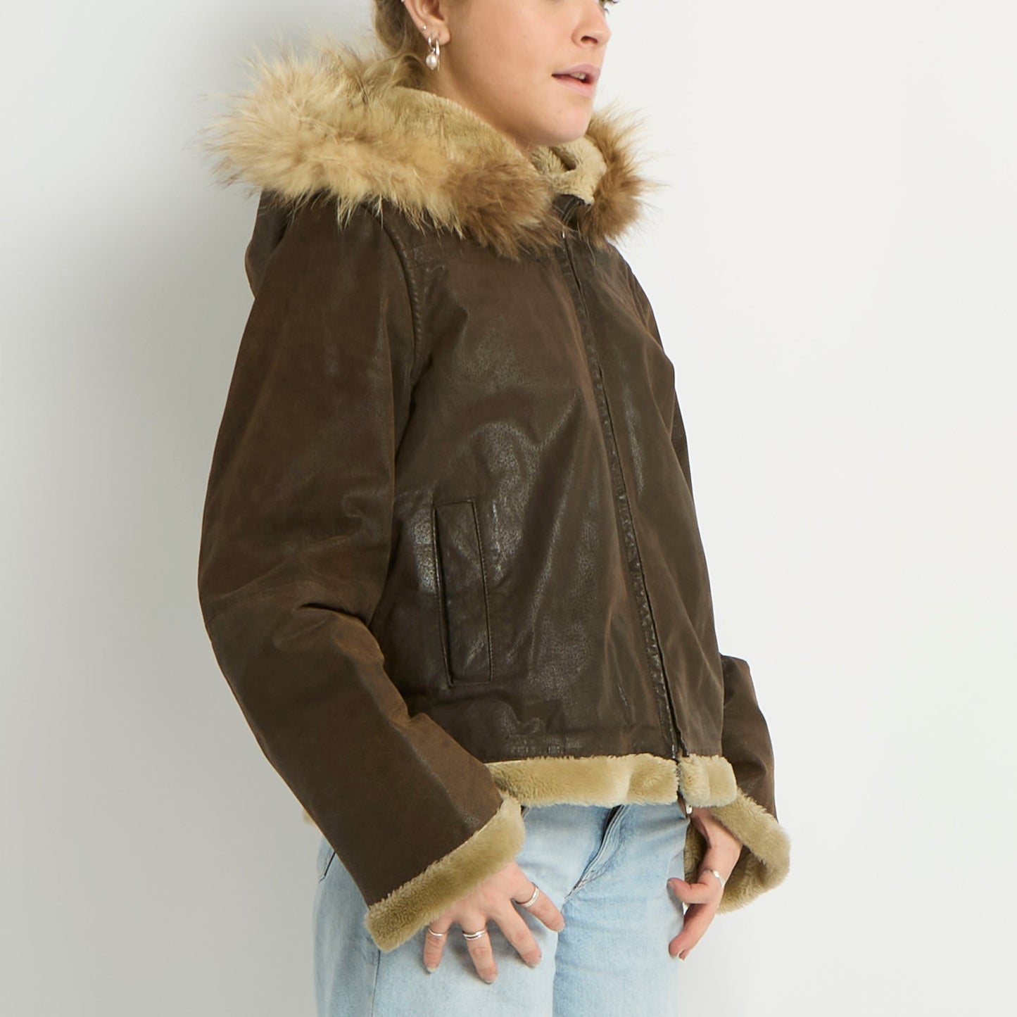 Fur Hood Suede Zip Jacket - UK 10