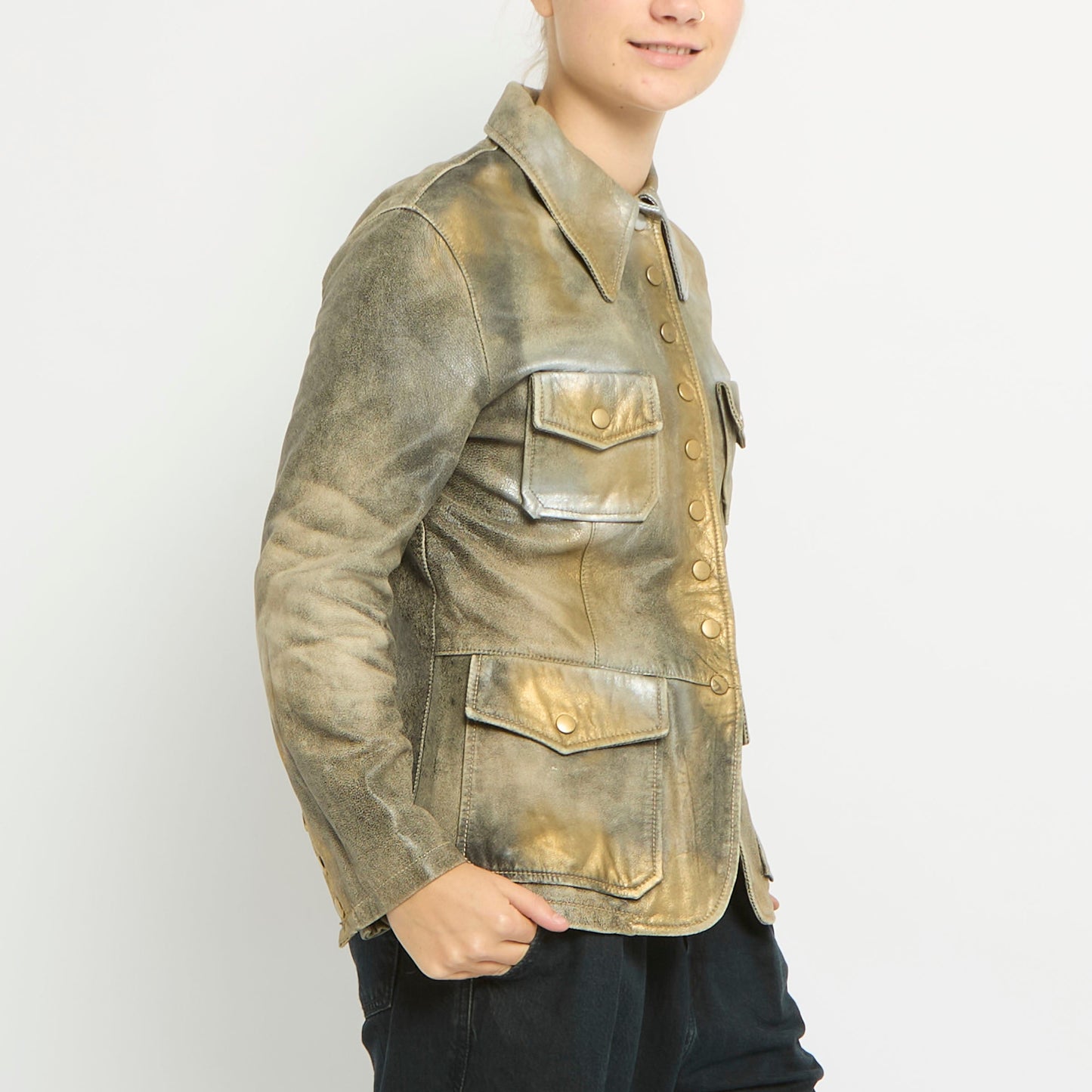 Leather Metallic Spray Stud Detail Multi Pocket Jacket- UK 10