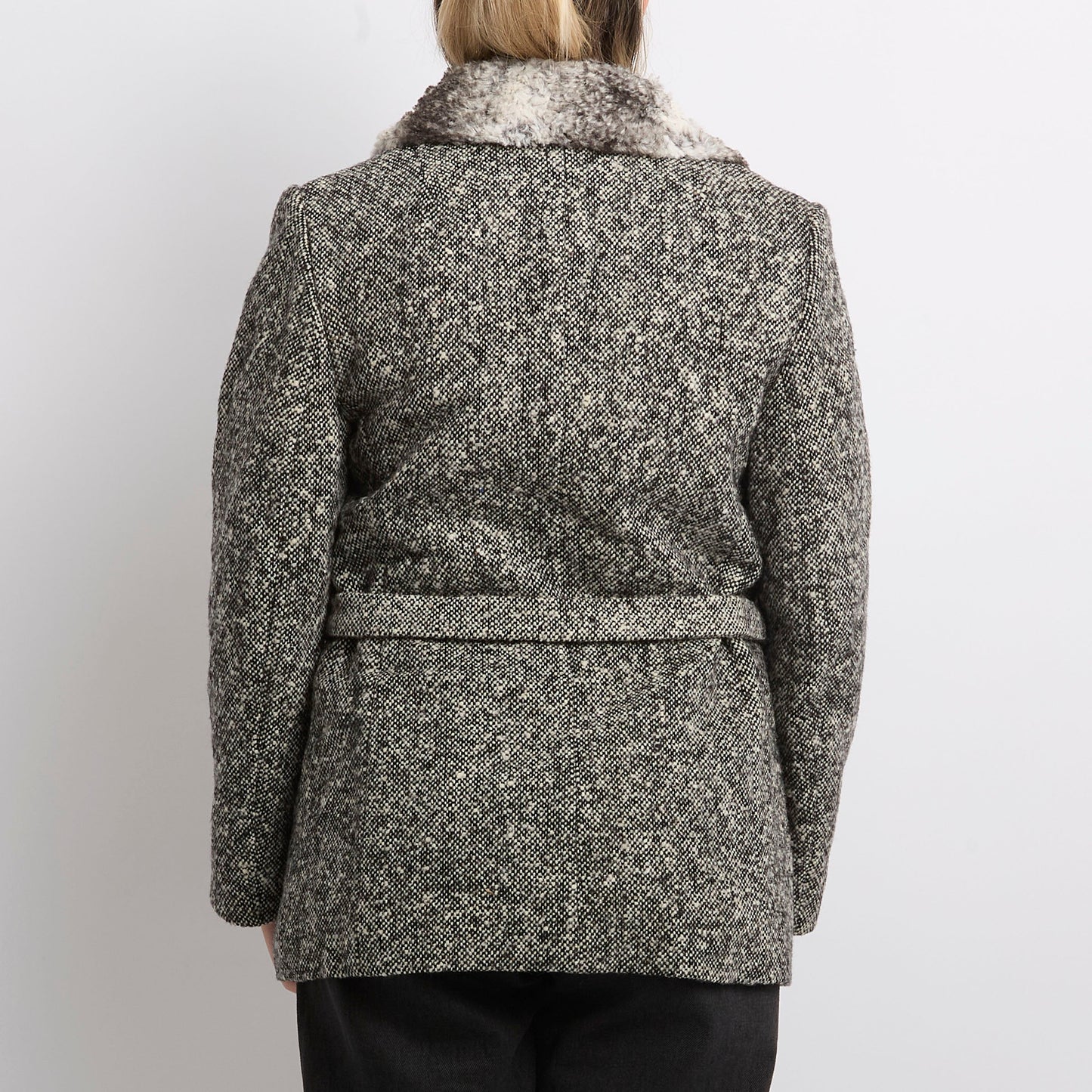 Fur Collar Belted Tweed Jacket - UK 10