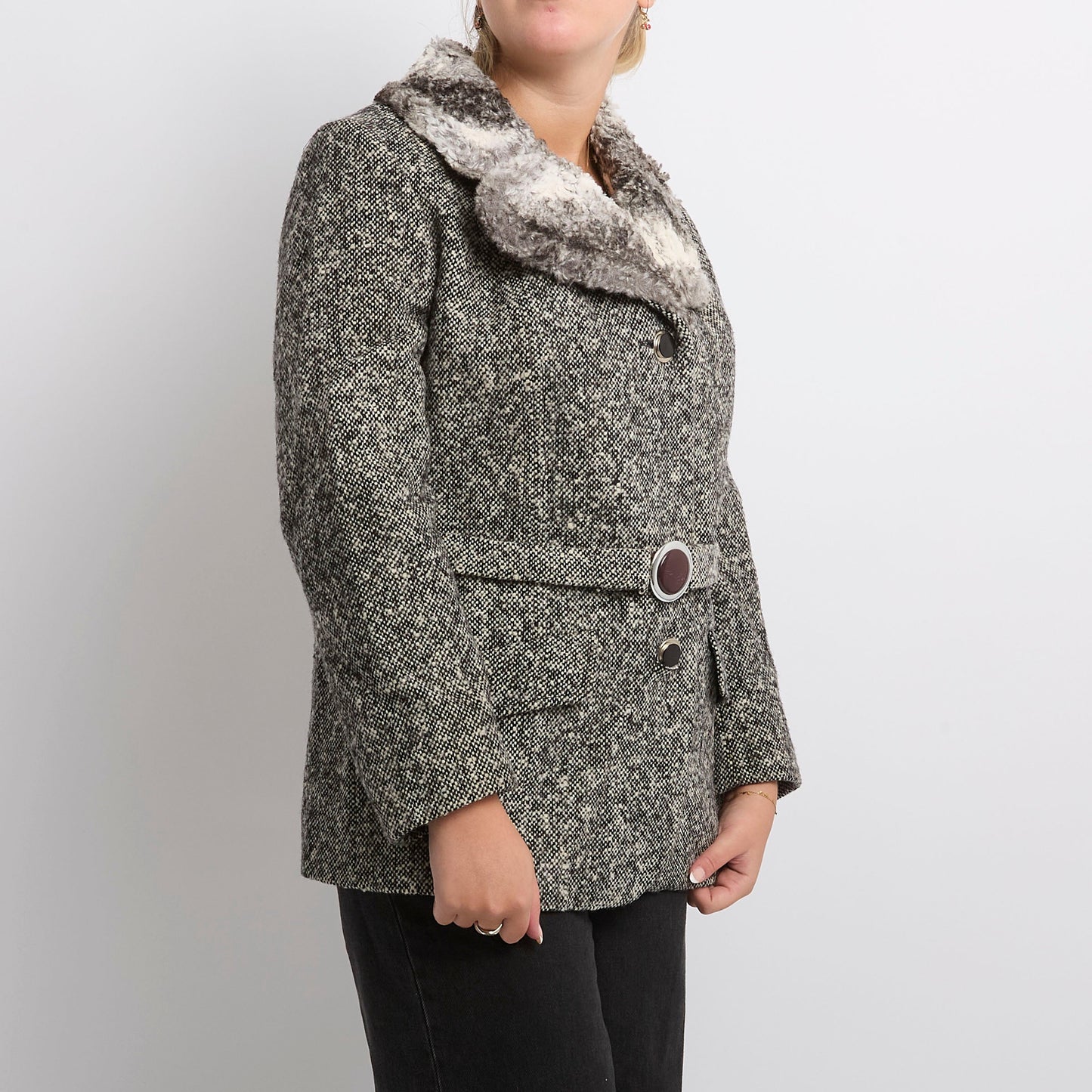 Fur Collar Belted Tweed Jacket - UK 10