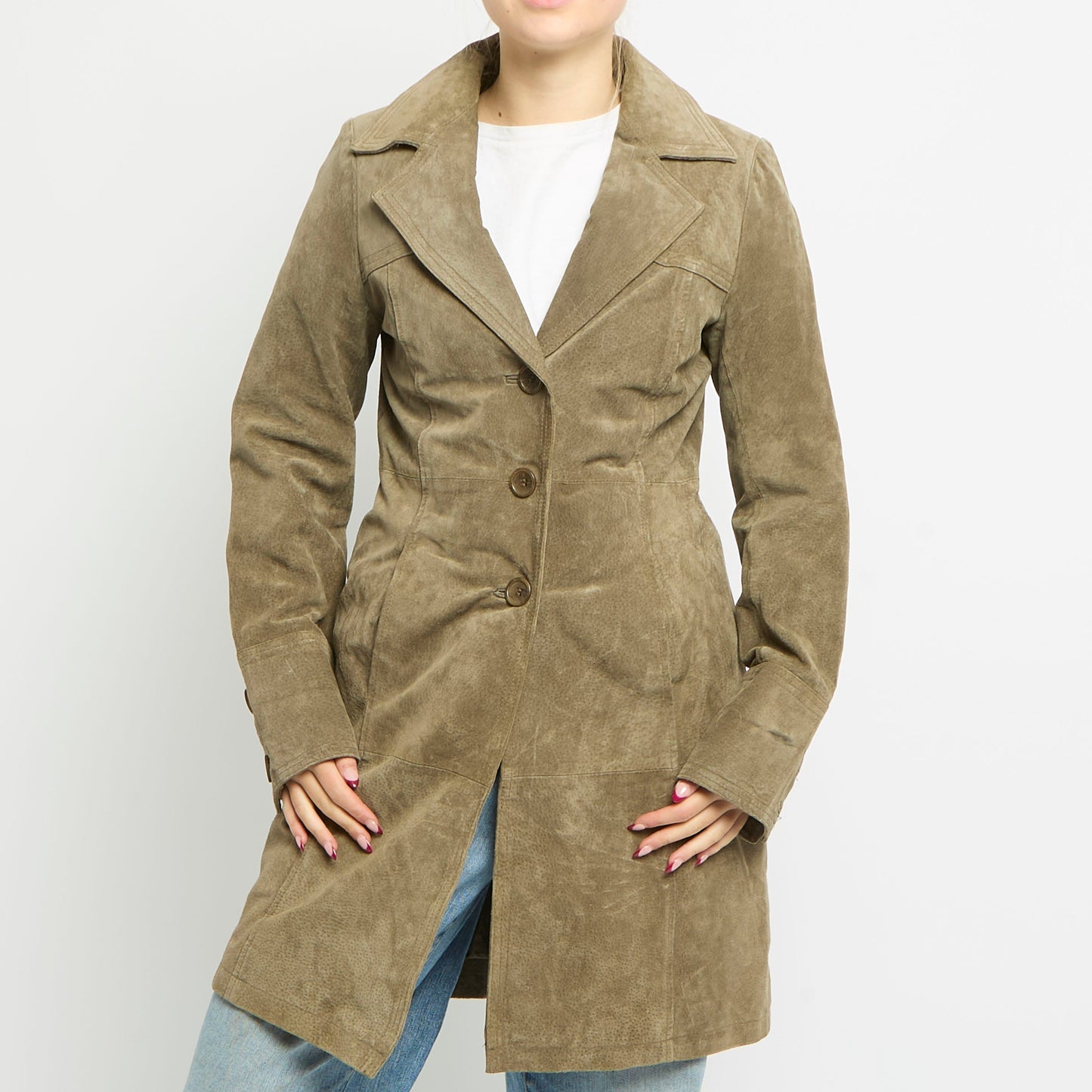 Suede Button Up Long Jacket - UK 10