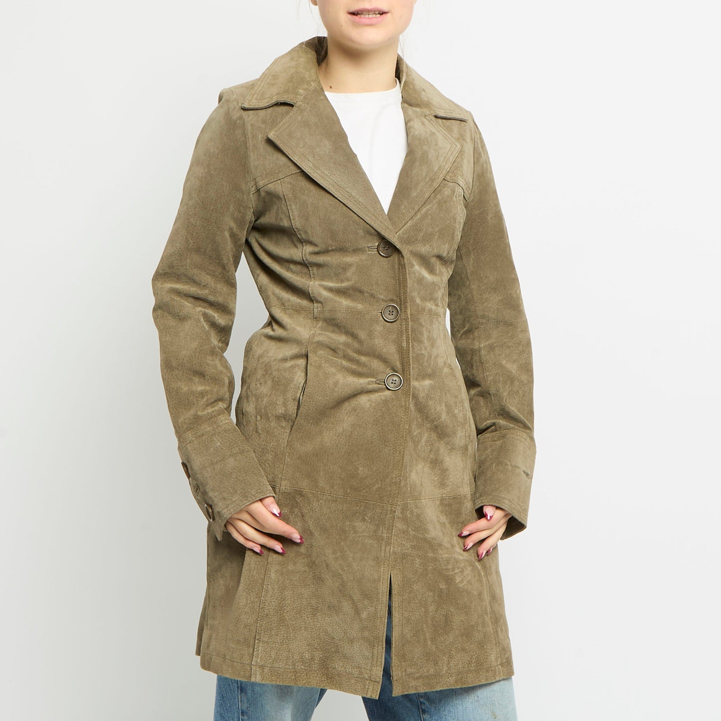 Suede Button Up Long Jacket - UK 10