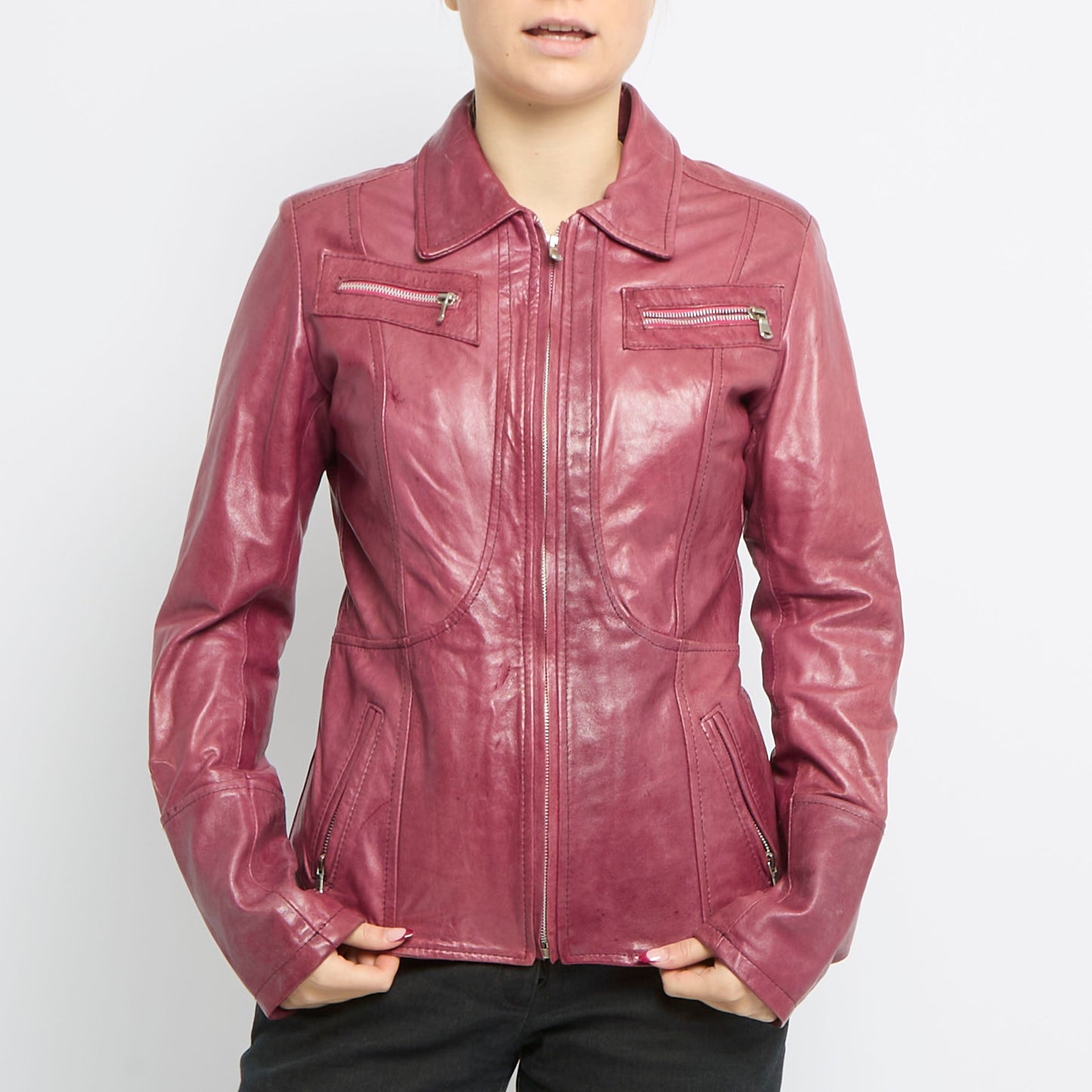 Zip Detail Leather Jacket - UK 10