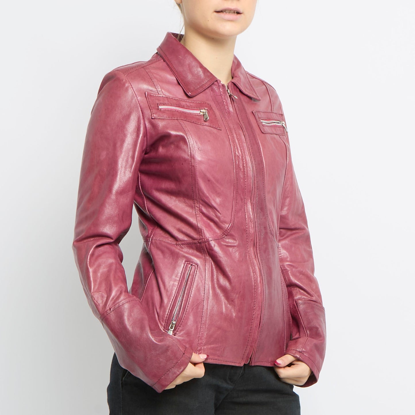 Zip Detail Leather Jacket - UK 10