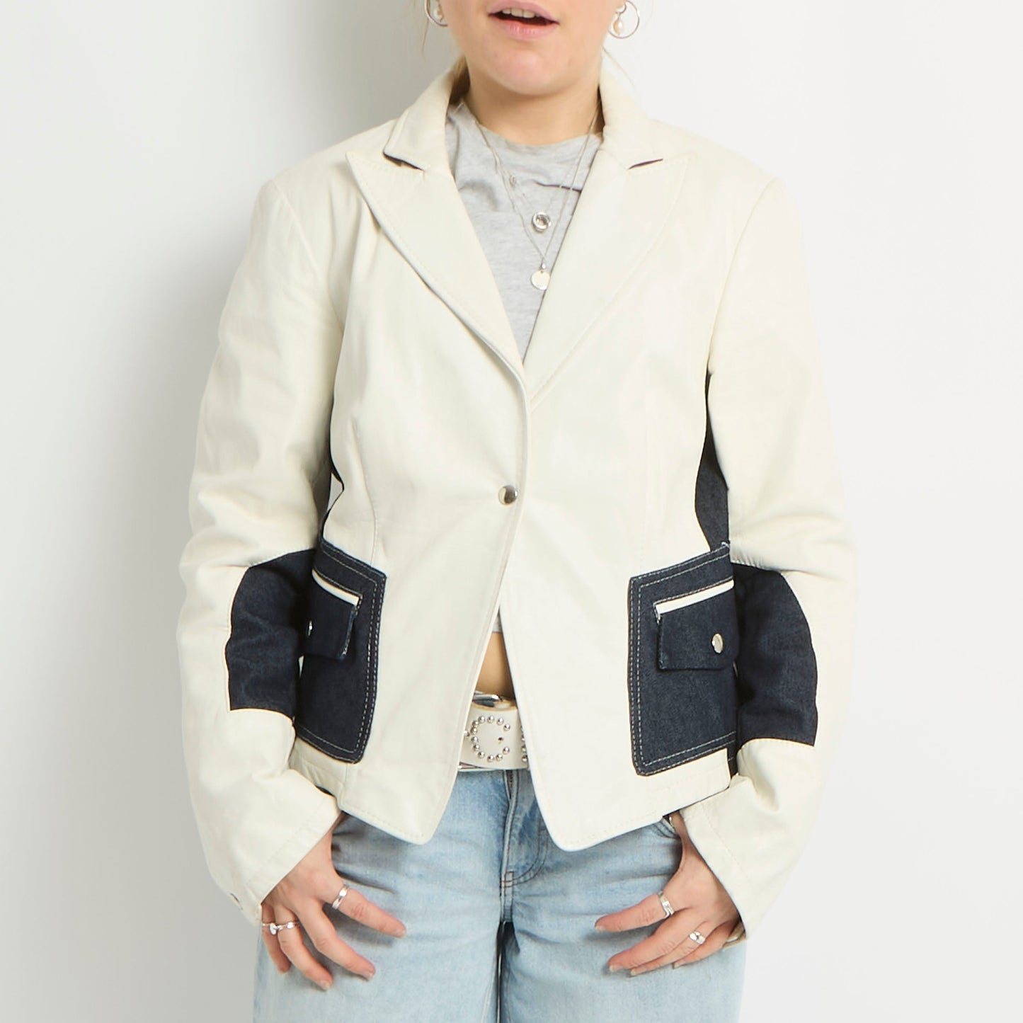 Denim Detail Leather Blazer - UK 10