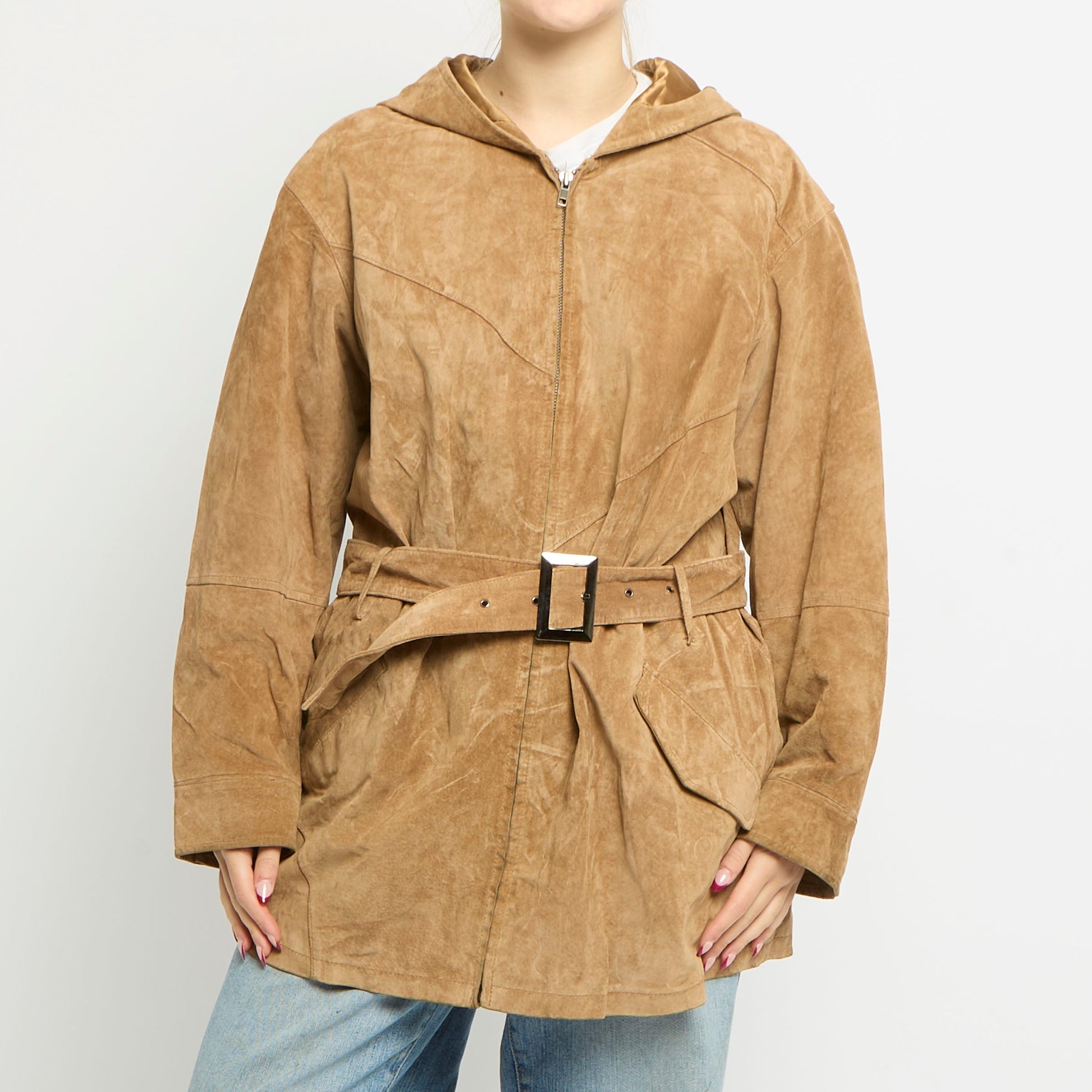 Hooded Belted Long Suede Jacket - UK 12