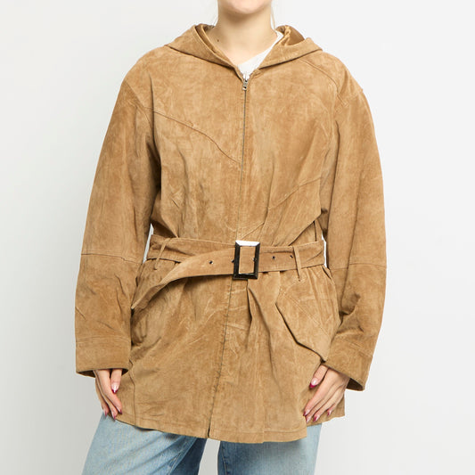 Hooded Belted Long Suede Jacket - UK 12