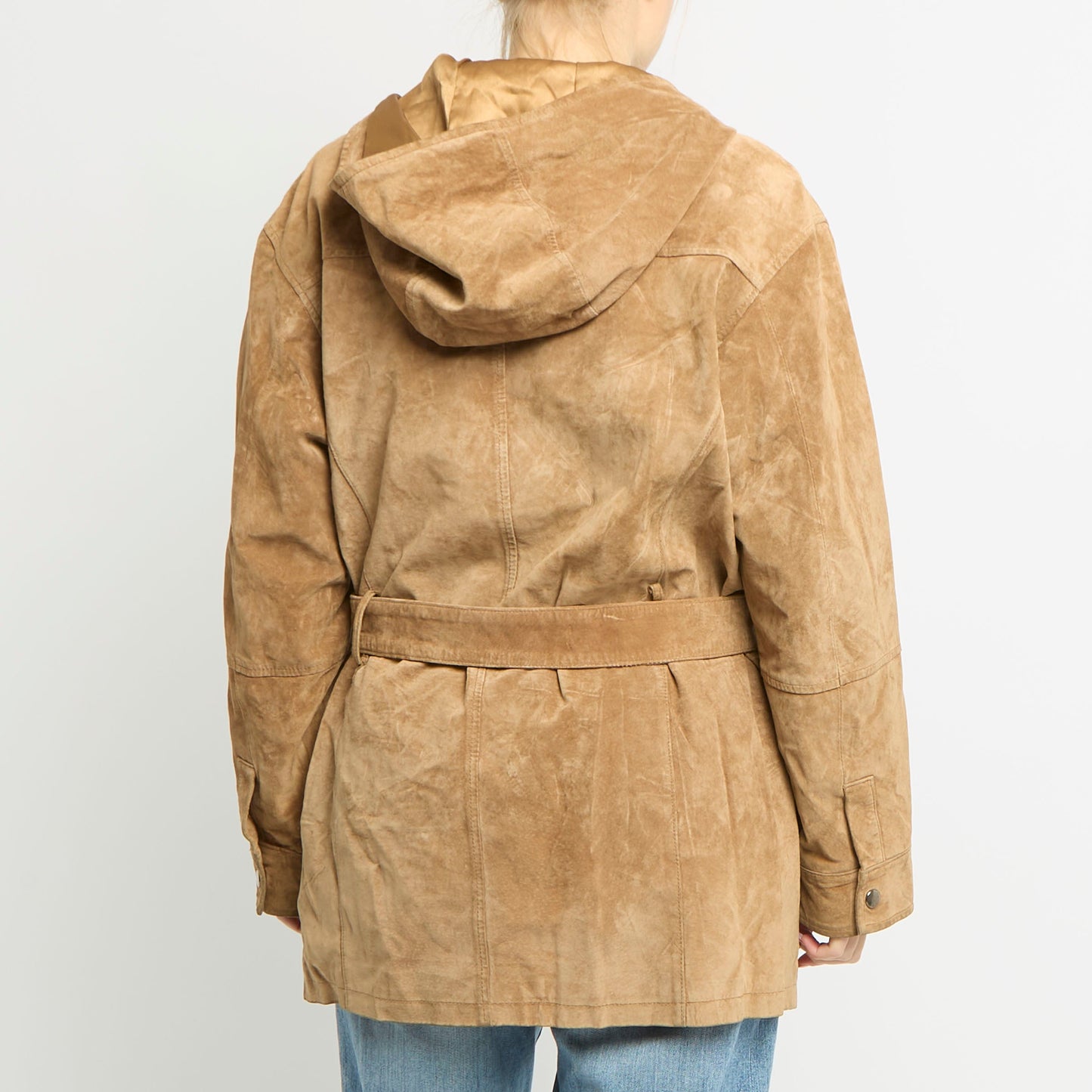 Hooded Belted Long Suede Jacket - UK 12