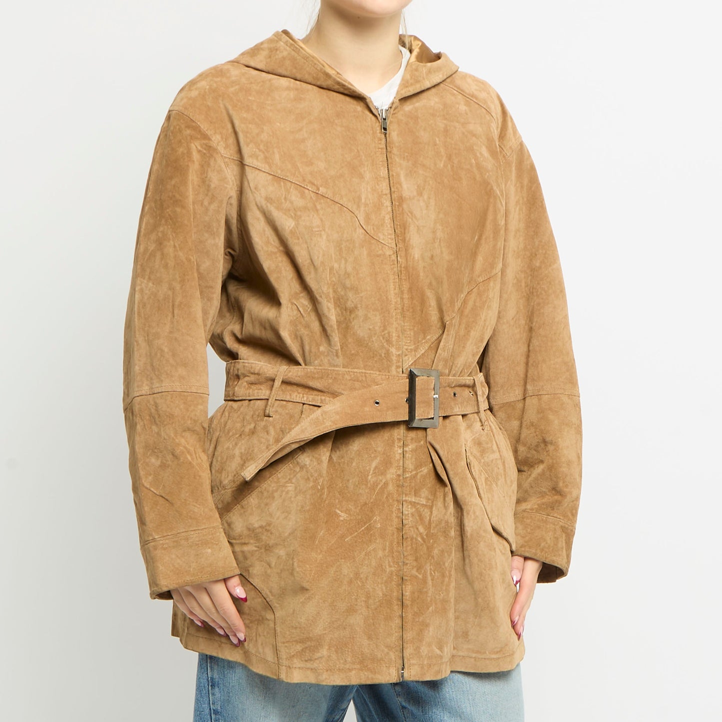 Hooded Belted Long Suede Jacket - UK 12