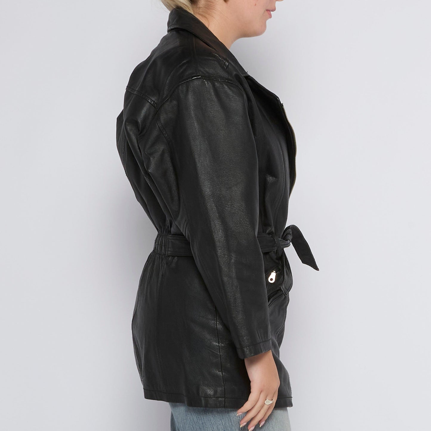 Side Zip Belted Biker Style Leather - UK 12