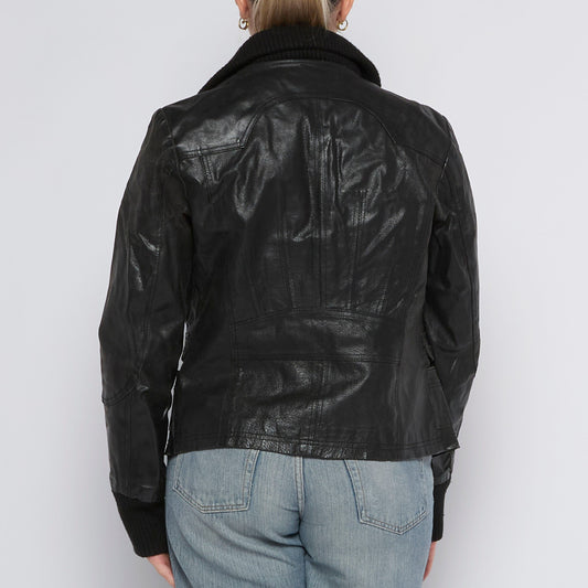 Leather Rib Collar Bomber Jacket - UK 12