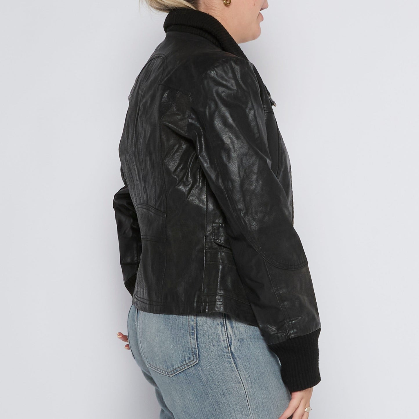 Leather Rib Collar Bomber Jacket - UK 12