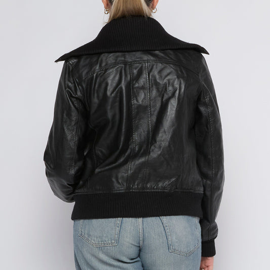 Ribbed Collar Leather Bomber Jacket - UK 12