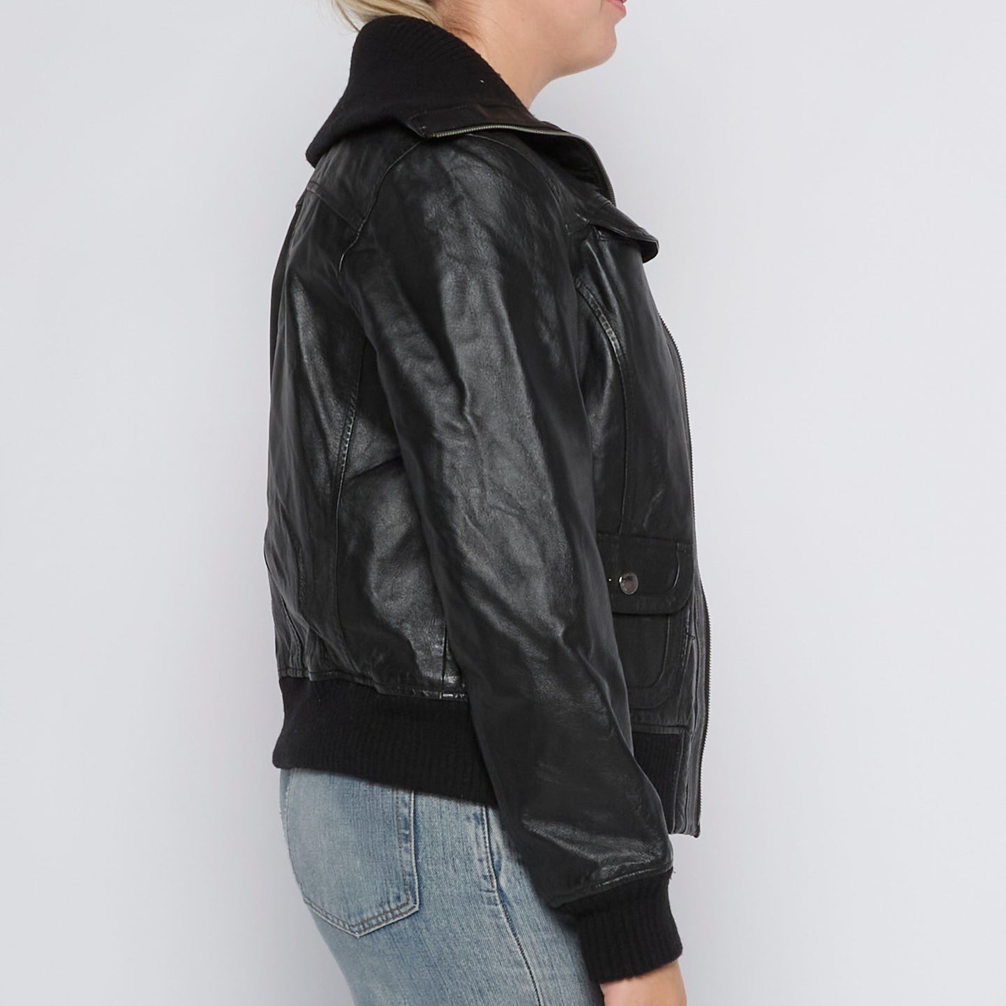 Ribbed Collar Leather Bomber Jacket - UK 12