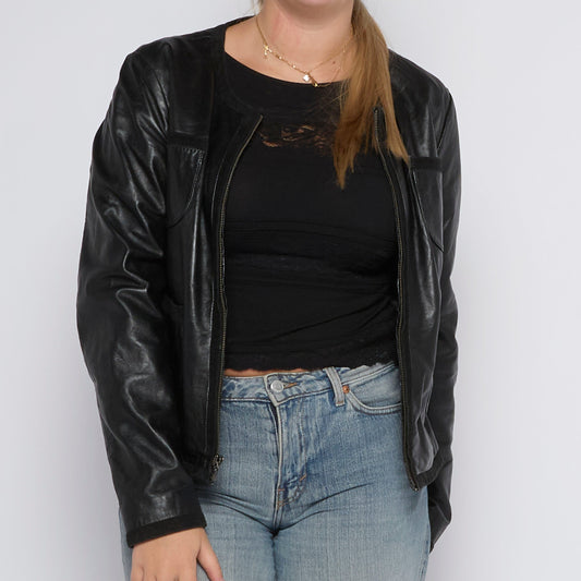 Collarless Full Zip Leather Jacket - UK 12