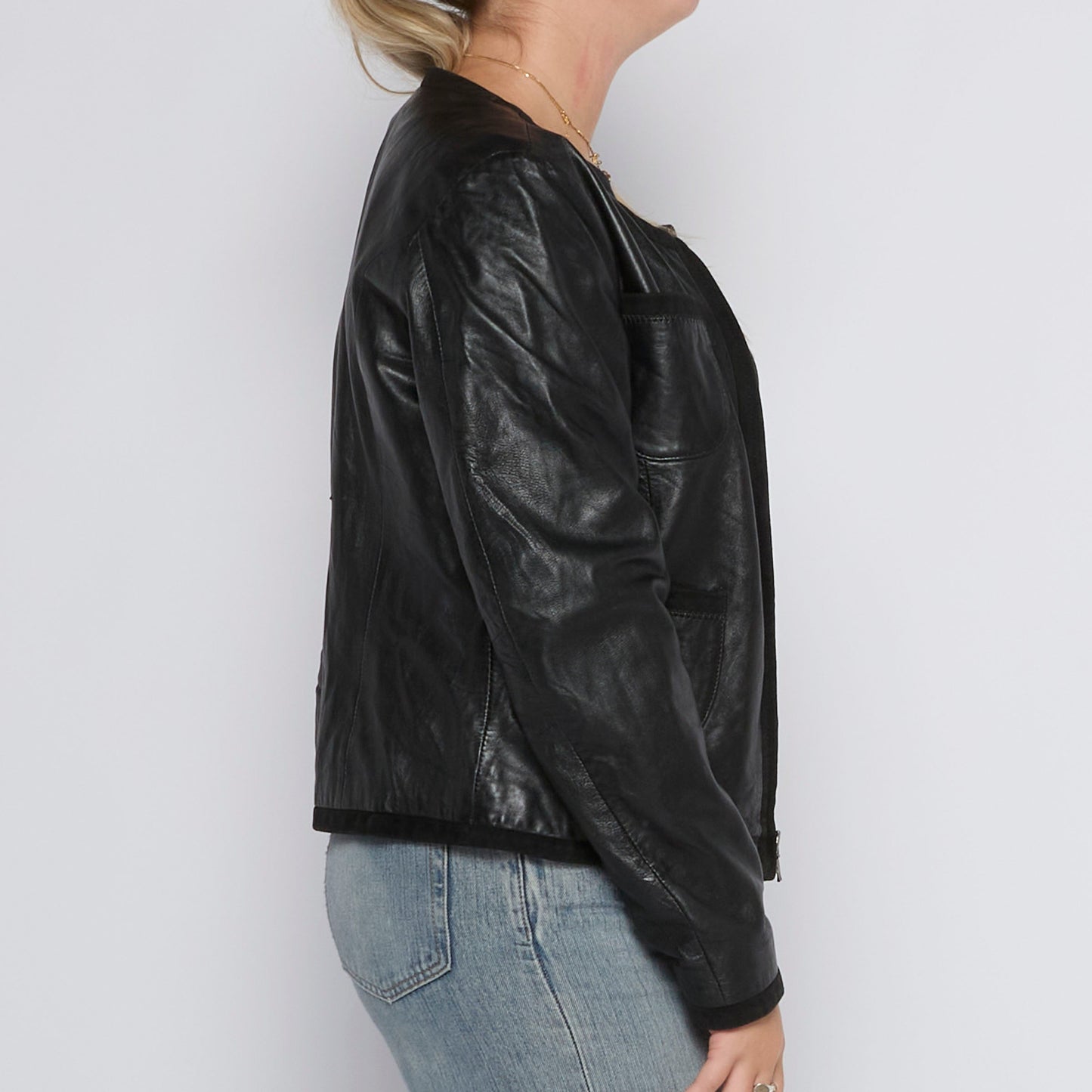 Full Zip Leather Bomber Jacket - UK 12