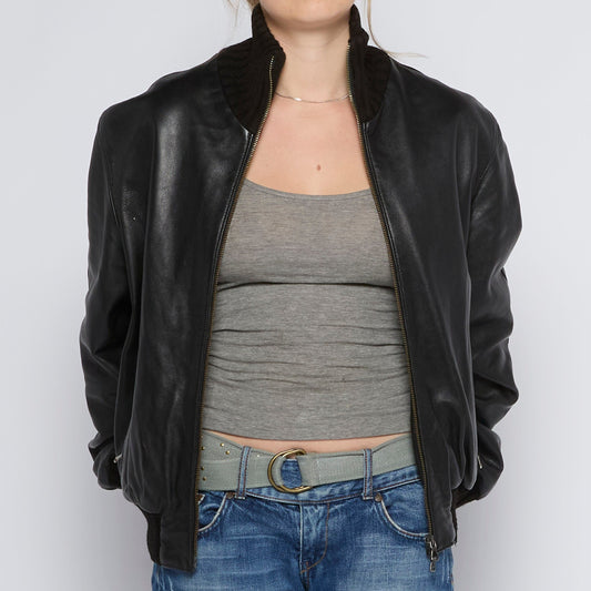 Ribbed Turtleneck Leather Jacket - UK 12