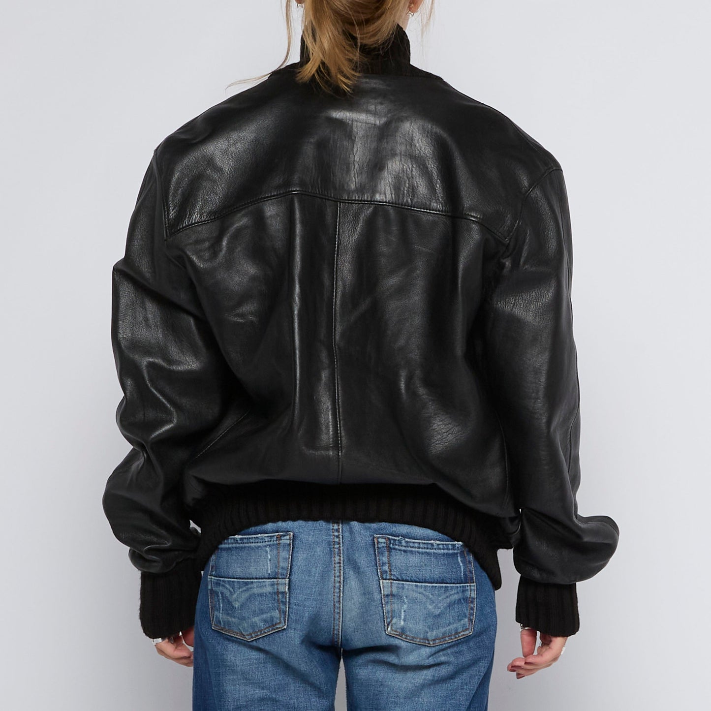 Rib Collar Leather Loose Fit Bomber Jacket - UK 12