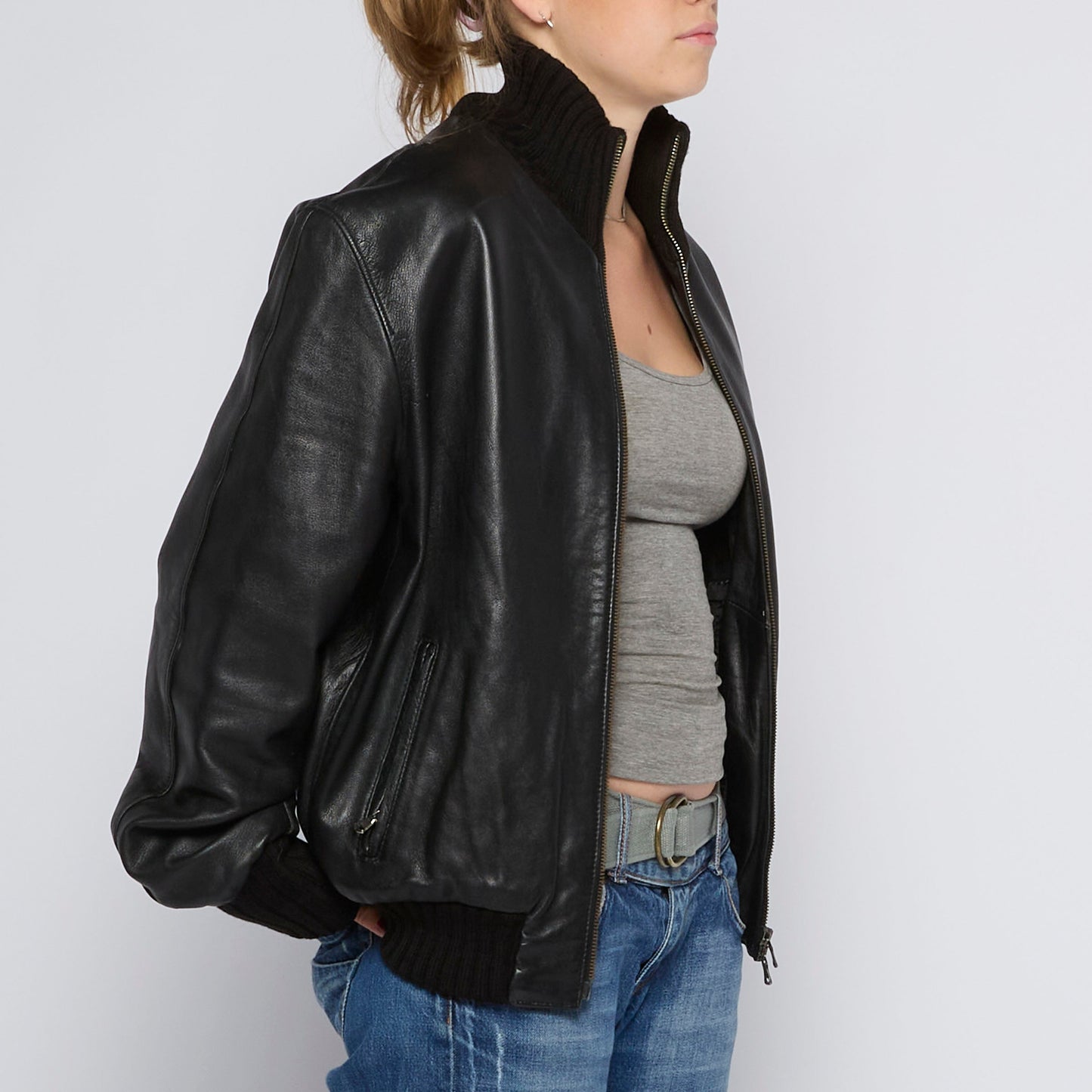 Rib Collar Leather Loose Fit Bomber Jacket - UK 12