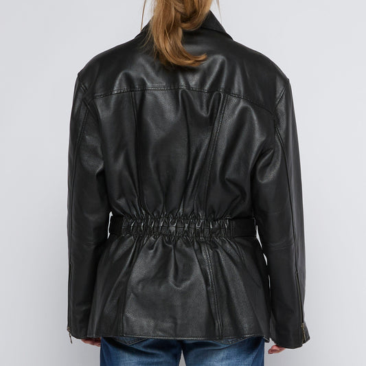 Belted Biker Style Leather Jacket - UK 12