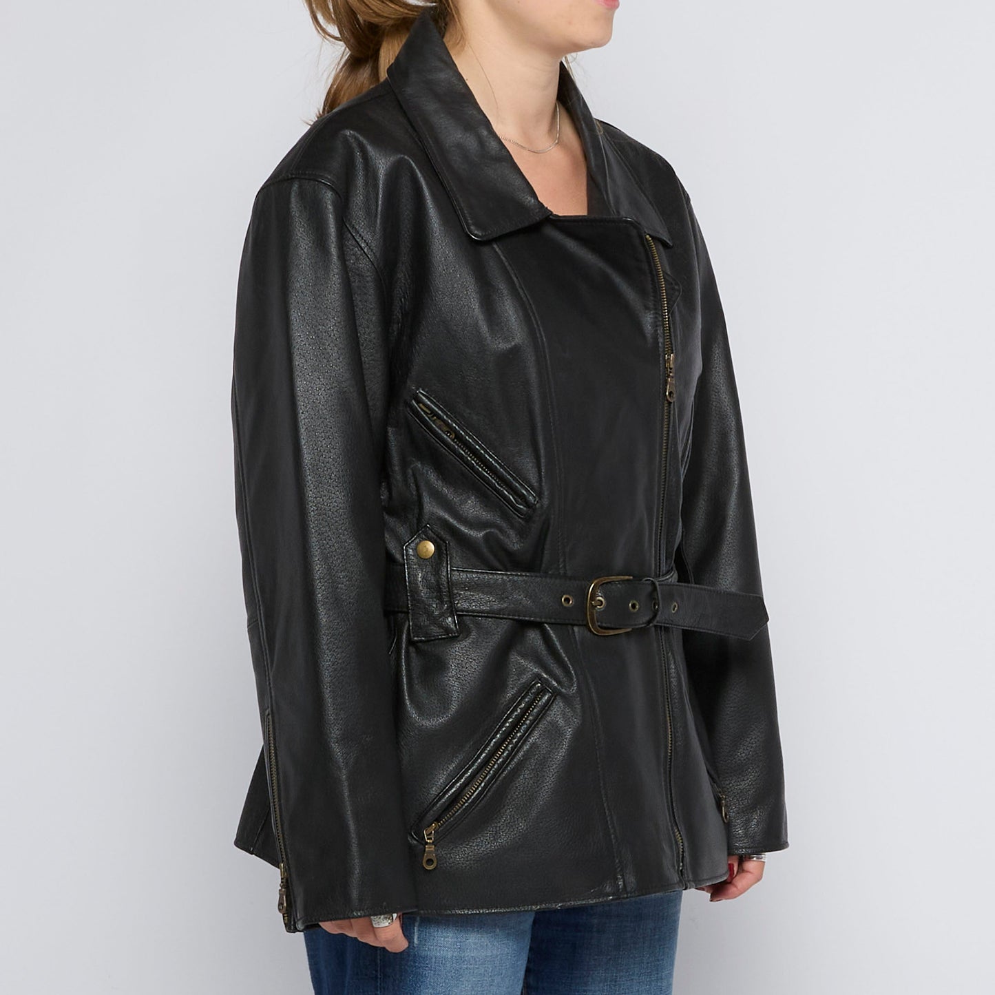 Belted Biker Style Leather Jacket - UK 12