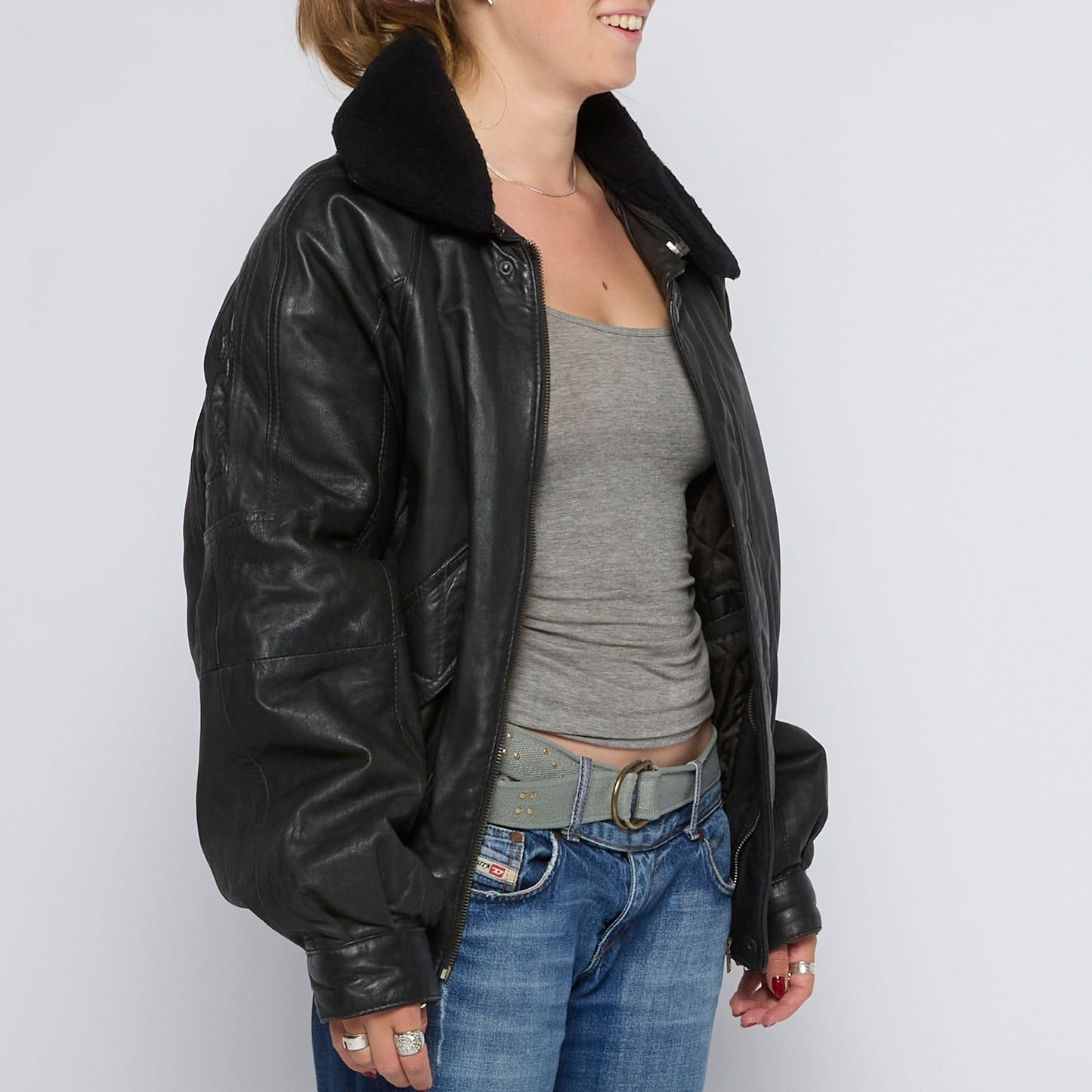 Fur Collar Leather Bomber Jacket - UK 12