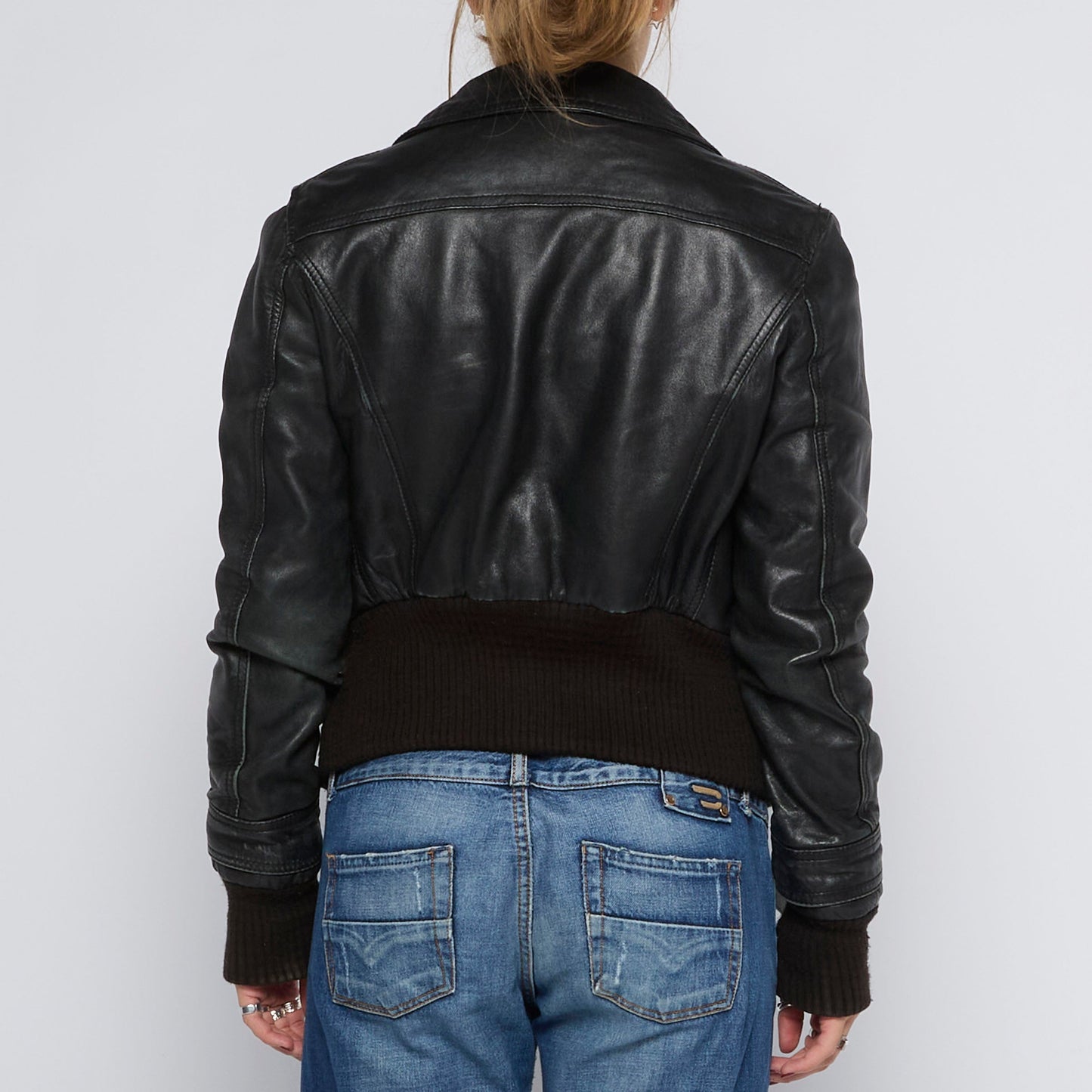 Cropped Leather Bomber Jacket - UK 12