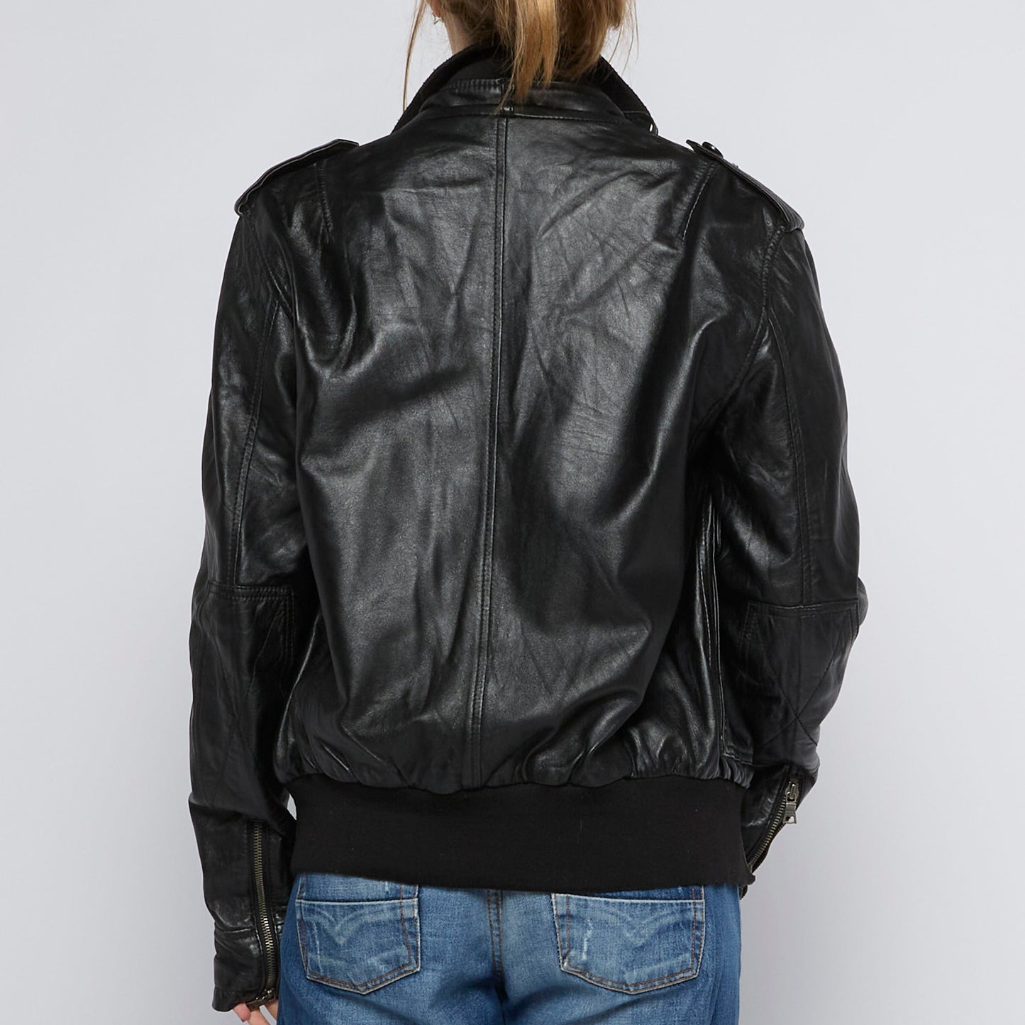 Leather Bomber Jacket with Epaulettes - UK 10