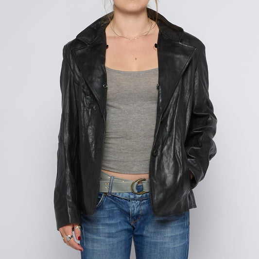 Double Breasted Buttoned Leather Jacket - UK 12