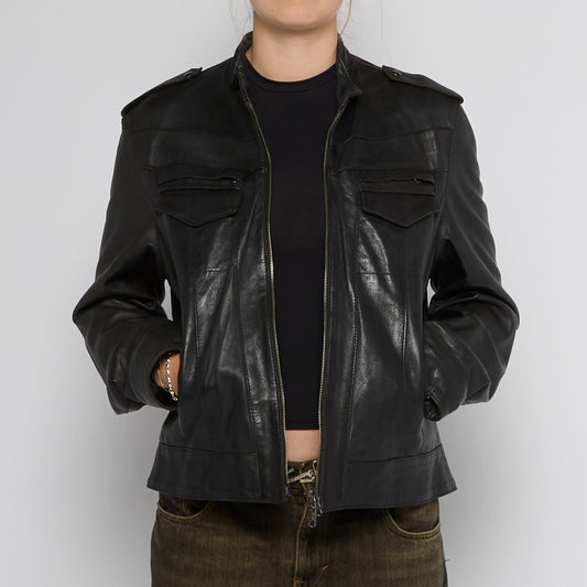 Collarless Full Zip Leather Jacket - UK 12