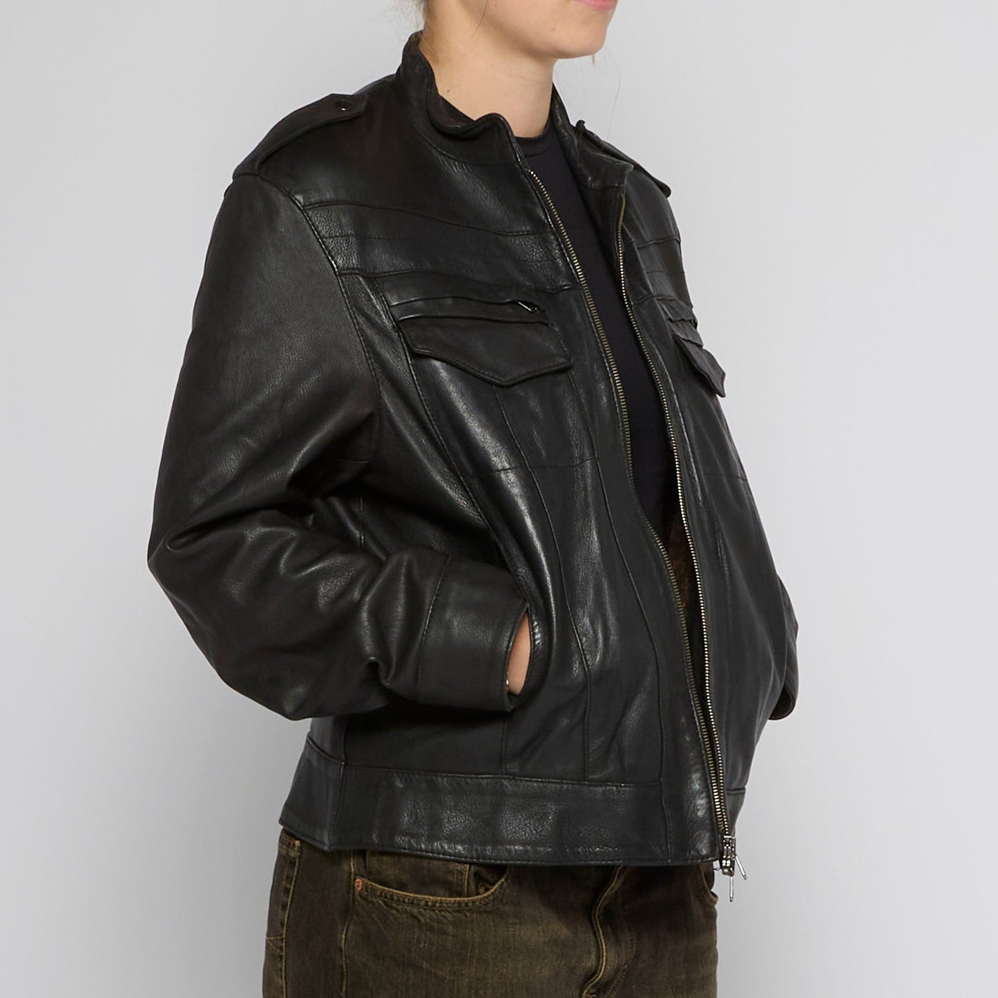 Leather Full Zip Jacket with Pockets - UK 12