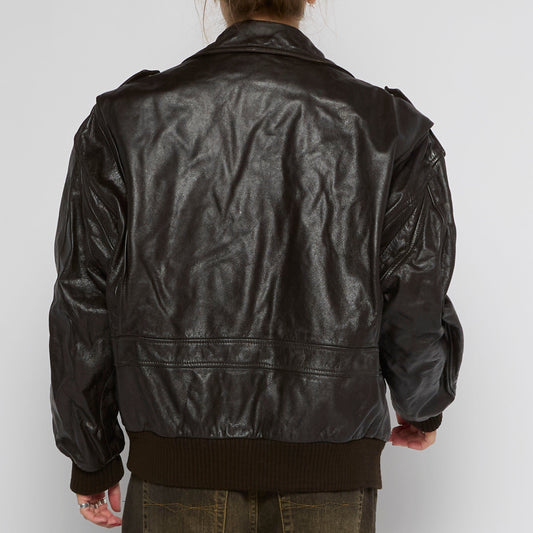 Vintage Leather Bomber Jacket with Epaulets - UK 12