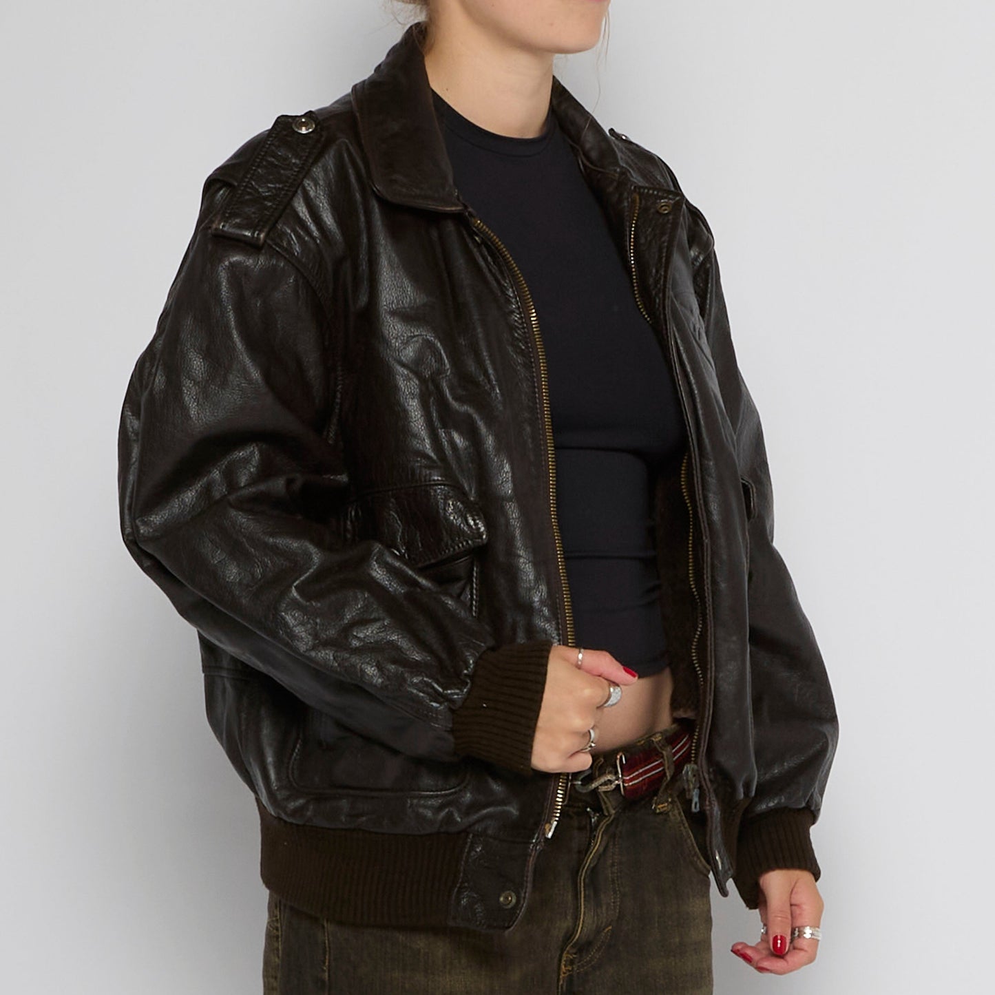 Vintage Leather Bomber Jacket with Epaulets - UK 12