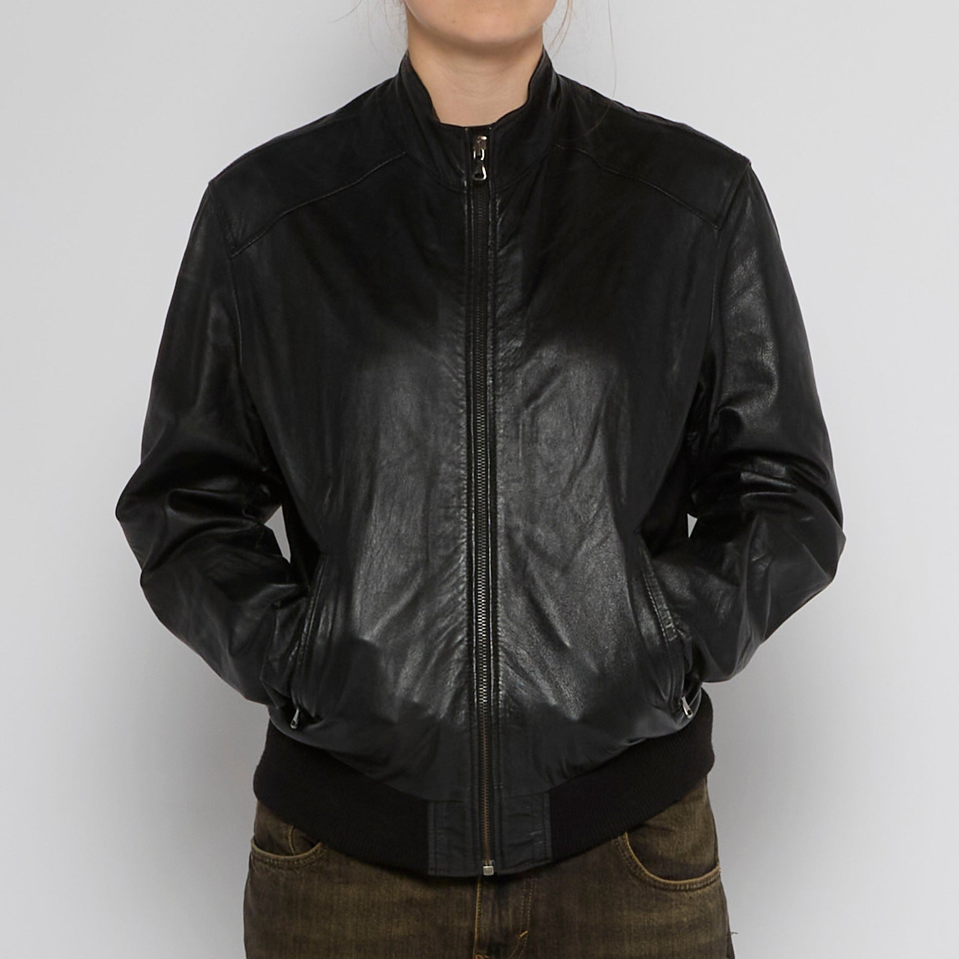 Collarless Full Zip Leather Jacket - UK 12