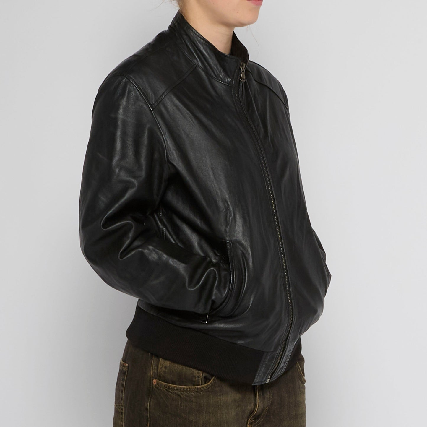 Zip Leather Bomber Jacket - UK 12