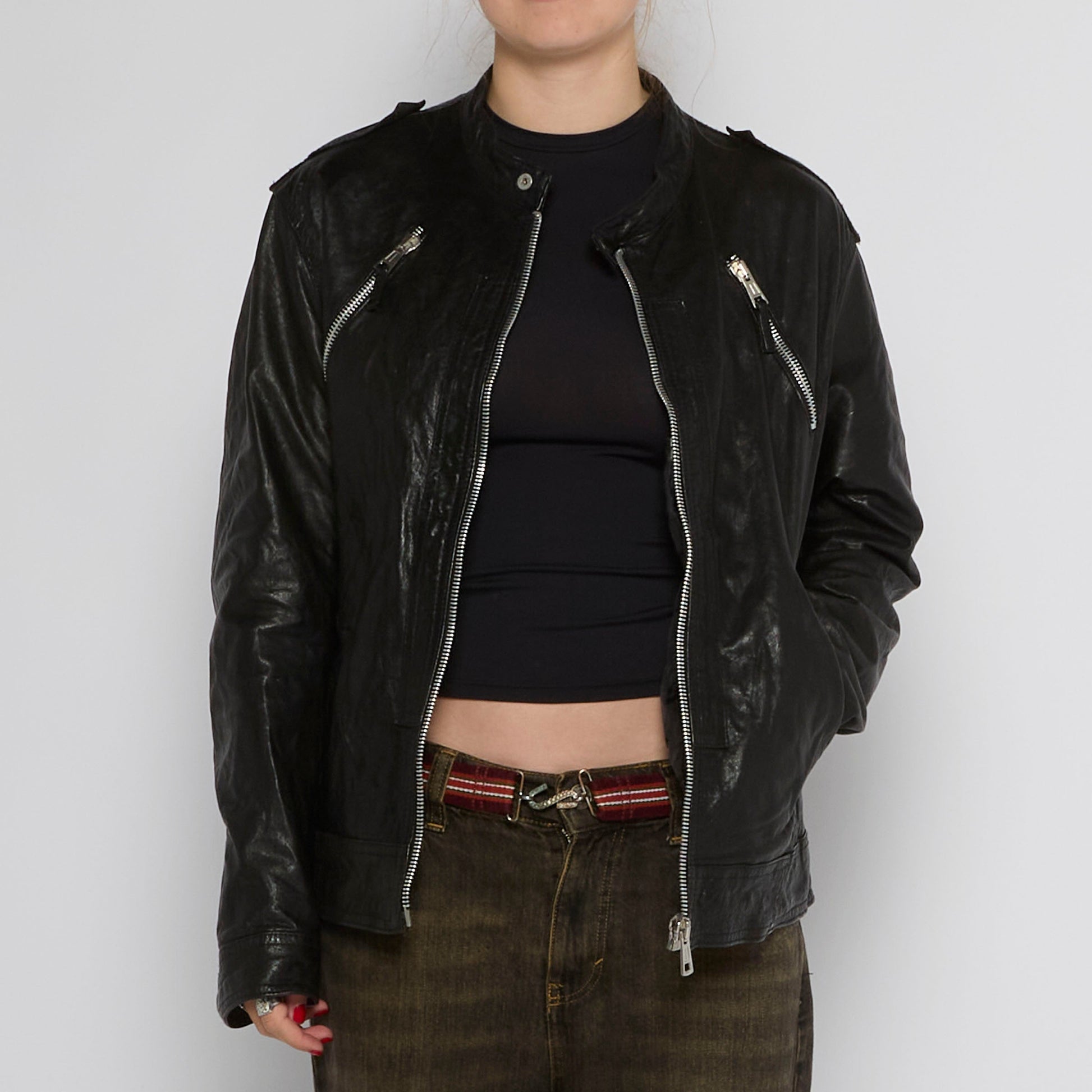 Collarless Full Zip Leather Jacket - UK 12