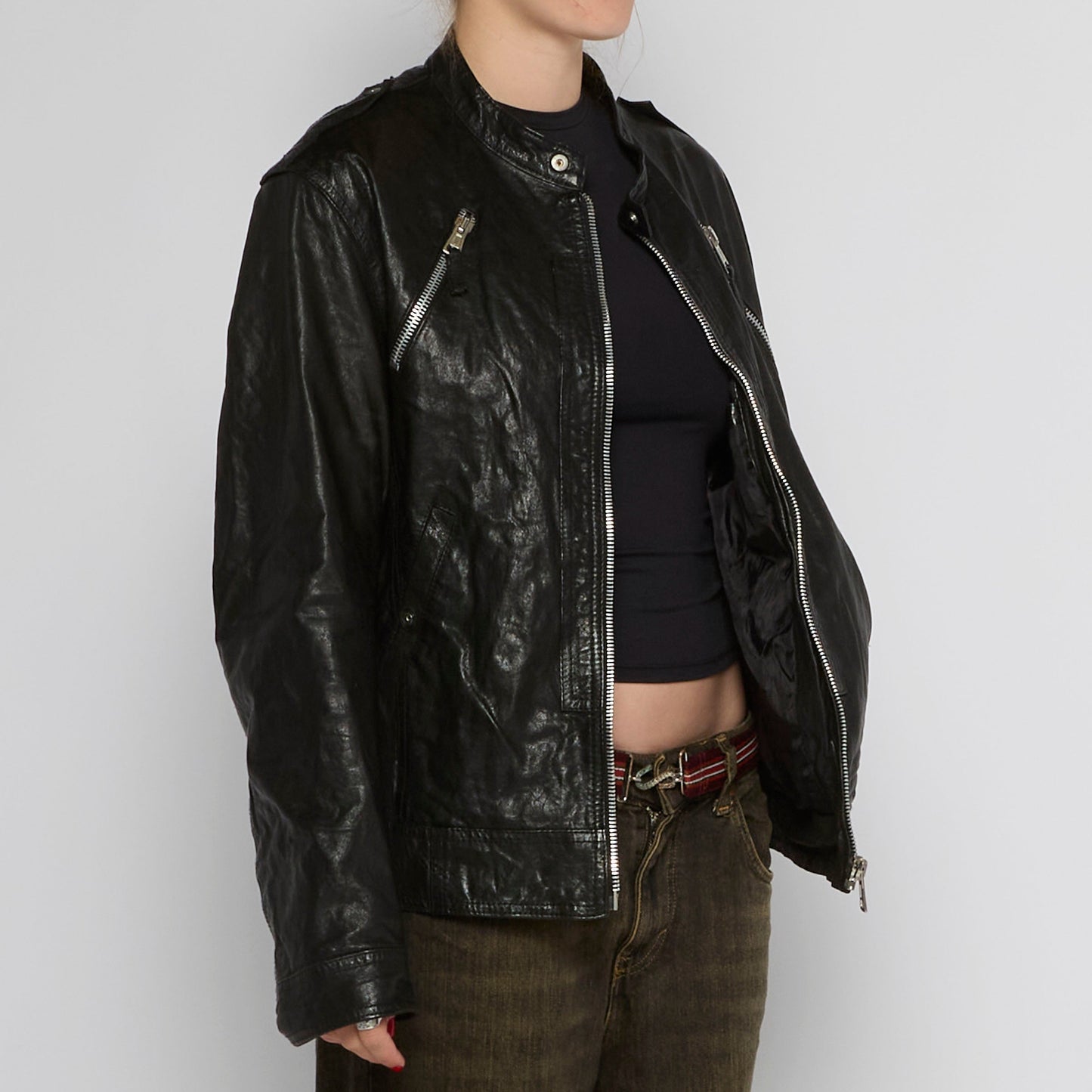 Motorbike Style Zip Leather Jacket - UK 12