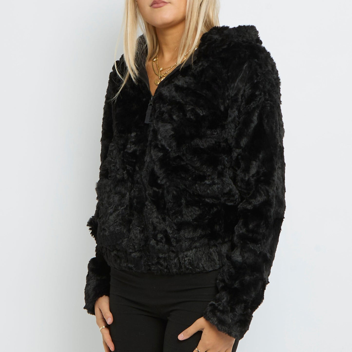 Faux Teddy Fur Hooded Zip Jacket - UK 12