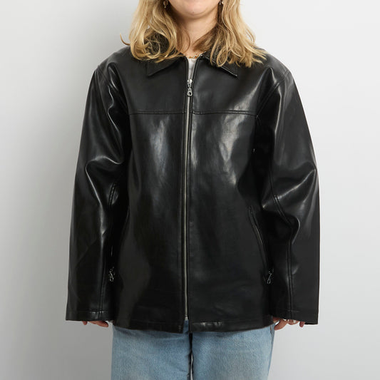 Faux Leather Side Buckles Full Zip Jacket - UK 12