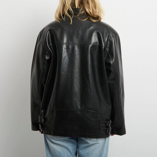 Faux Leather Side Buckles Full Zip Jacket - UK 12