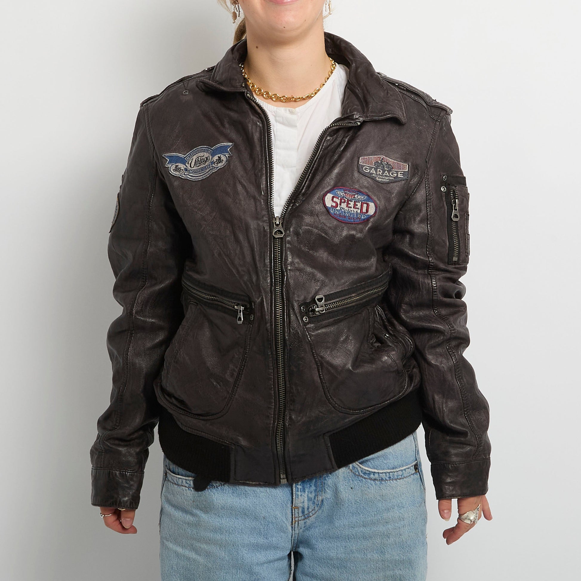 Vintage Leather Badge Detail Biker Jacket- UK12