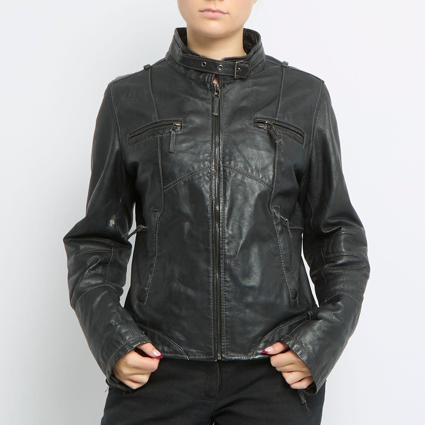 Zip Detail Leather Biker Jacket - UK 12