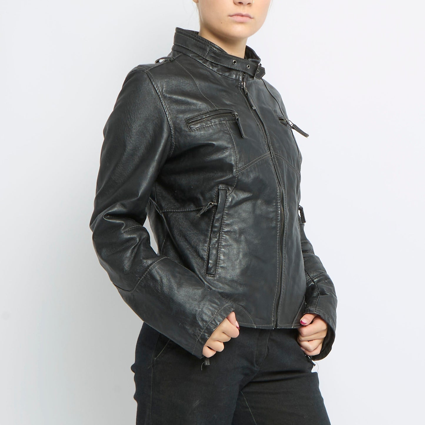 Zip Detail Leather Biker Jacket - UK 12