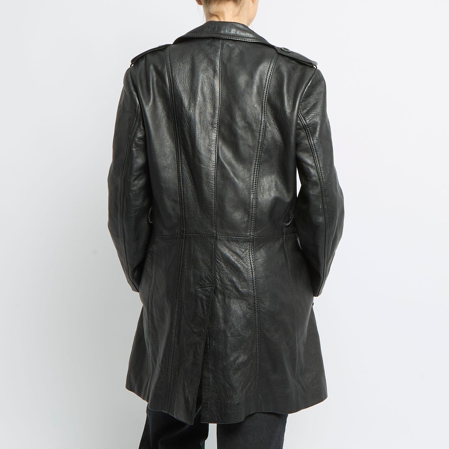 Button Detail Long Leather Jacket - UK 12