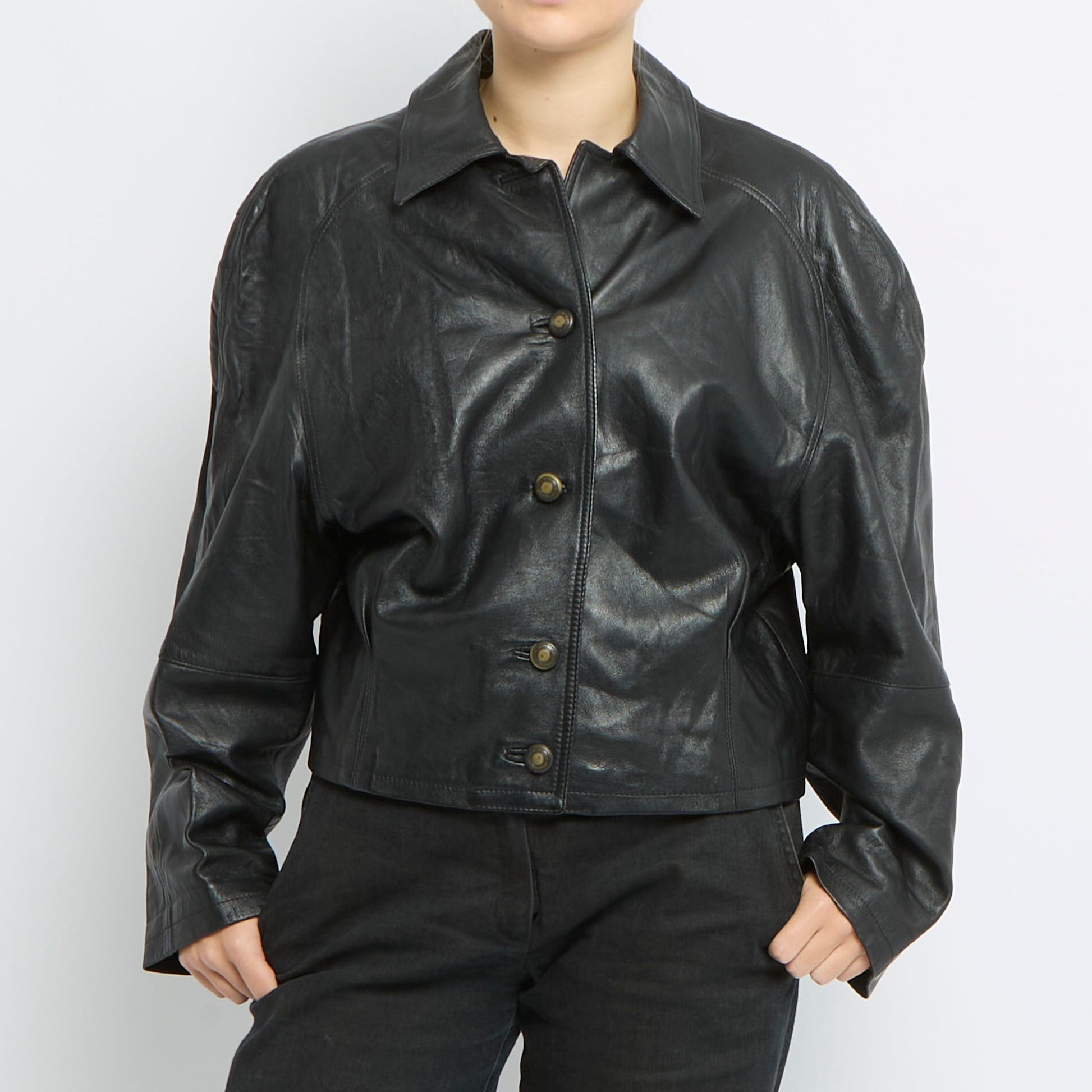 Button Detail Leather Jacket - UK 12