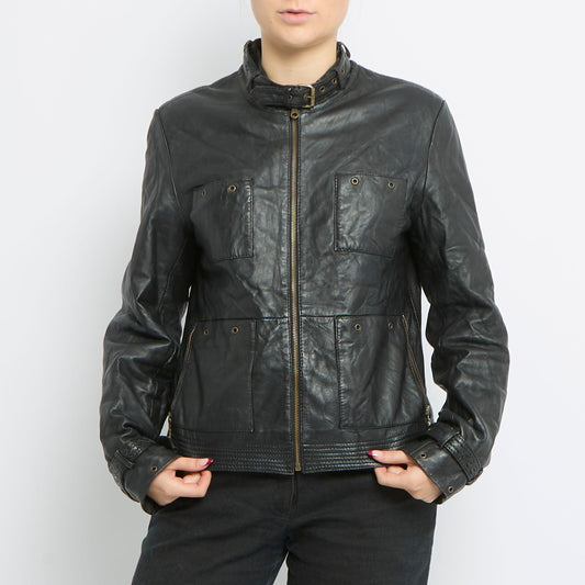 Zip Detail Leather Biker Jacket - UK 12