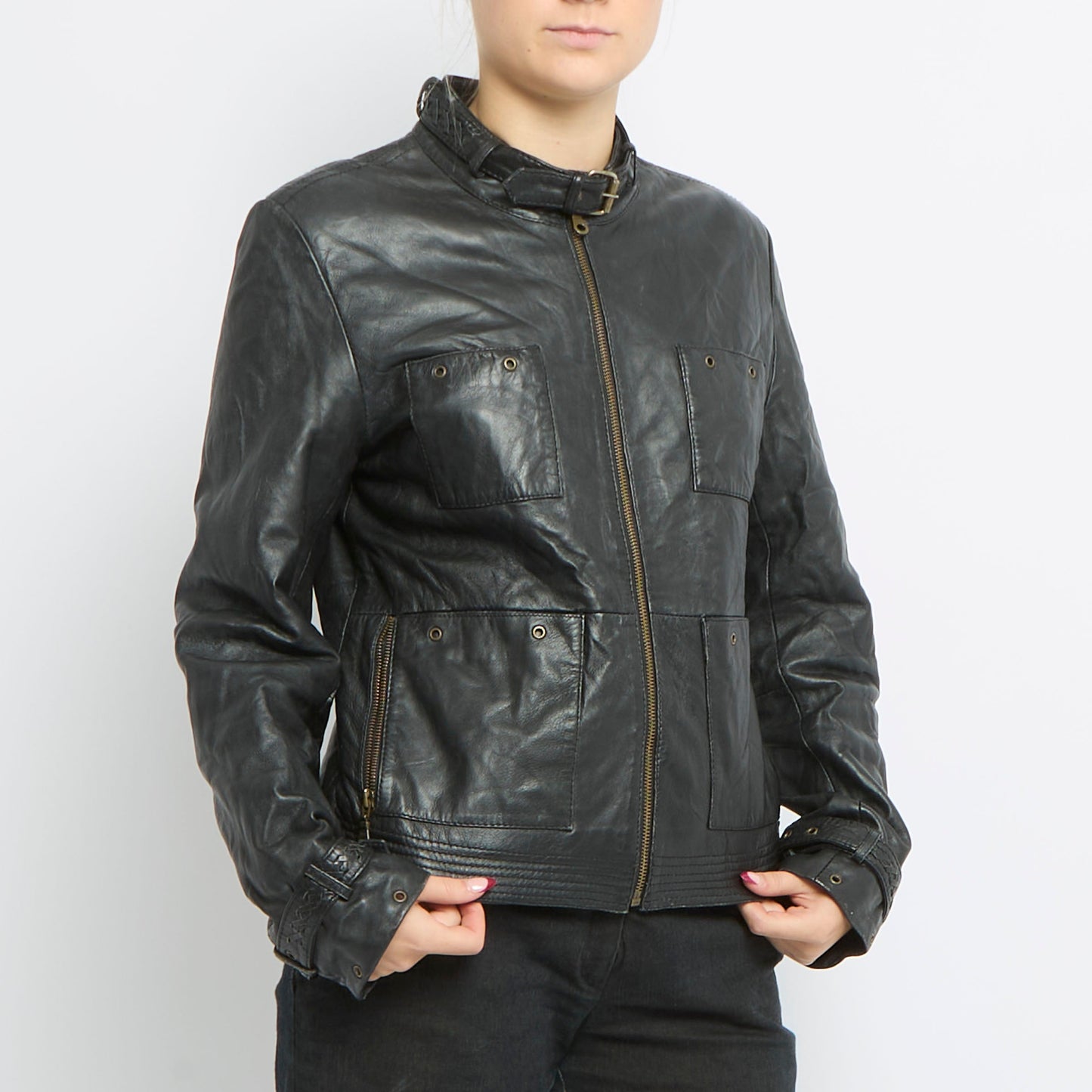 Zip Detail Leather Biker Jacket - UK 12