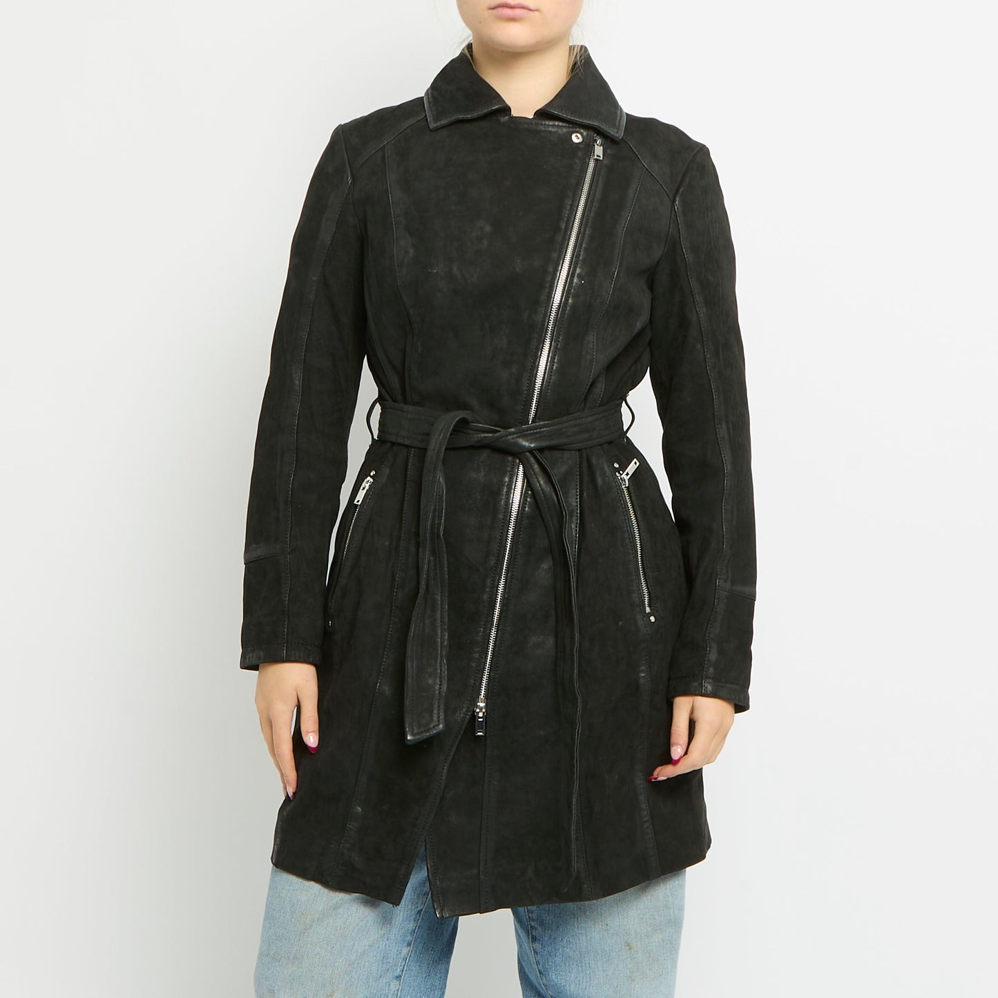 Faux Leather Suede Belted Trench Coat - UK 12