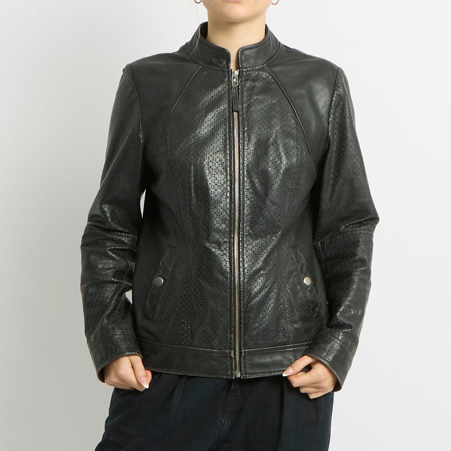 Leather Textured Detail Biker Jacket - UK 12